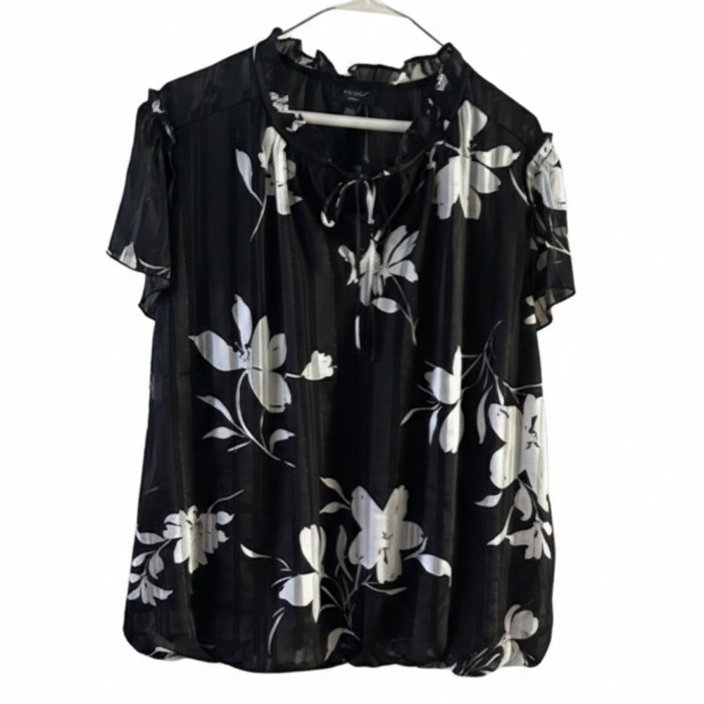 Haver London NWT Black White Floral Tie Neck Blouse 1X Plus Size Bubbled Hem